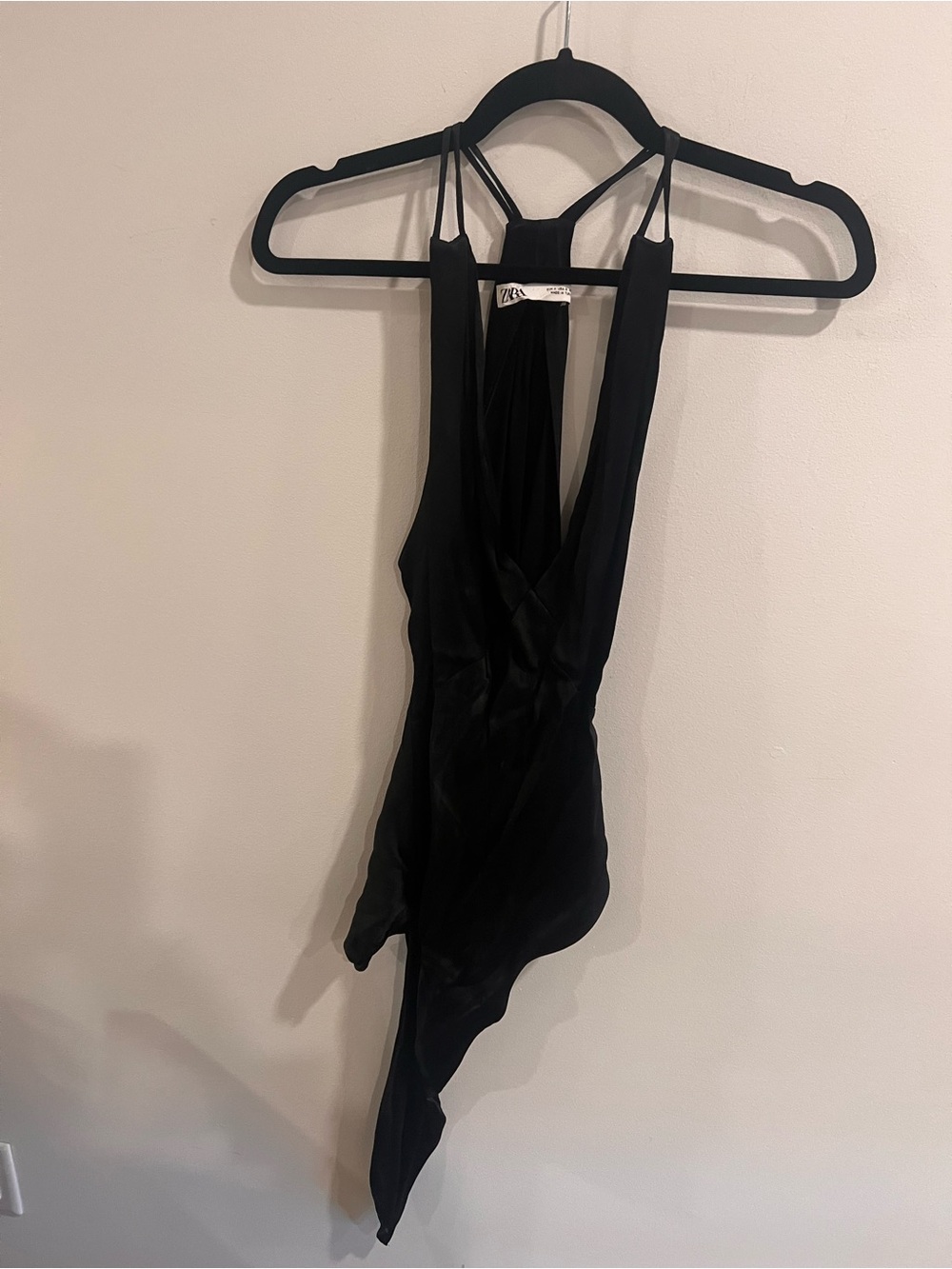 Zara Black Satin Asymmetrical Halter Top Size Small Draped Party Evening Top